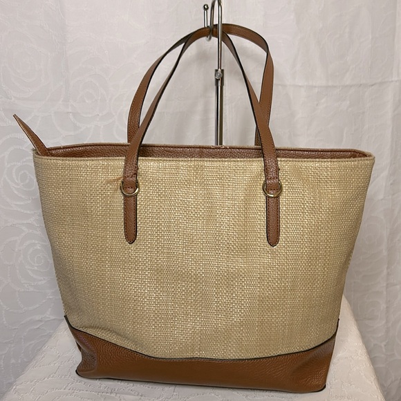LAUREN RALPH LAUREN brown and tan large natural straw tote handbag. L - Picture 3 of 14